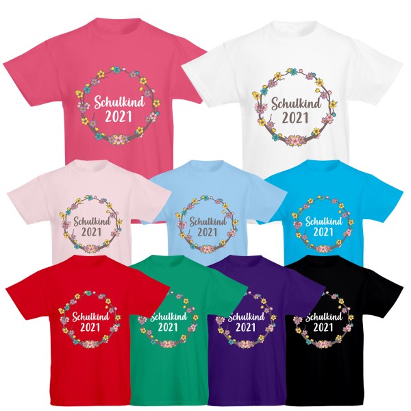 Unisex Kinder T-Shirt Schulkind 2021 Blumenkranz